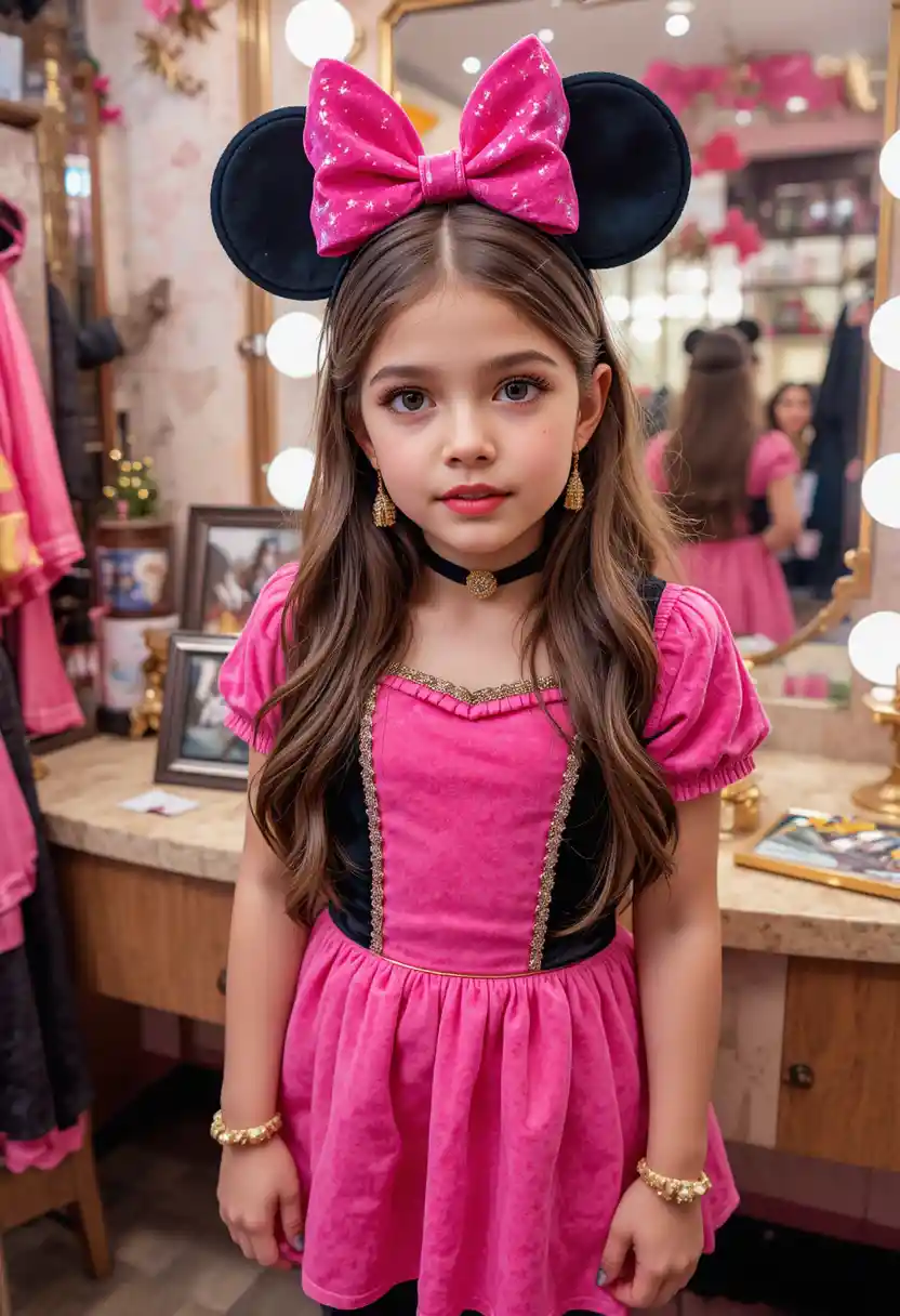 Girl in pink Minnie Mouse dress at boutique vanity