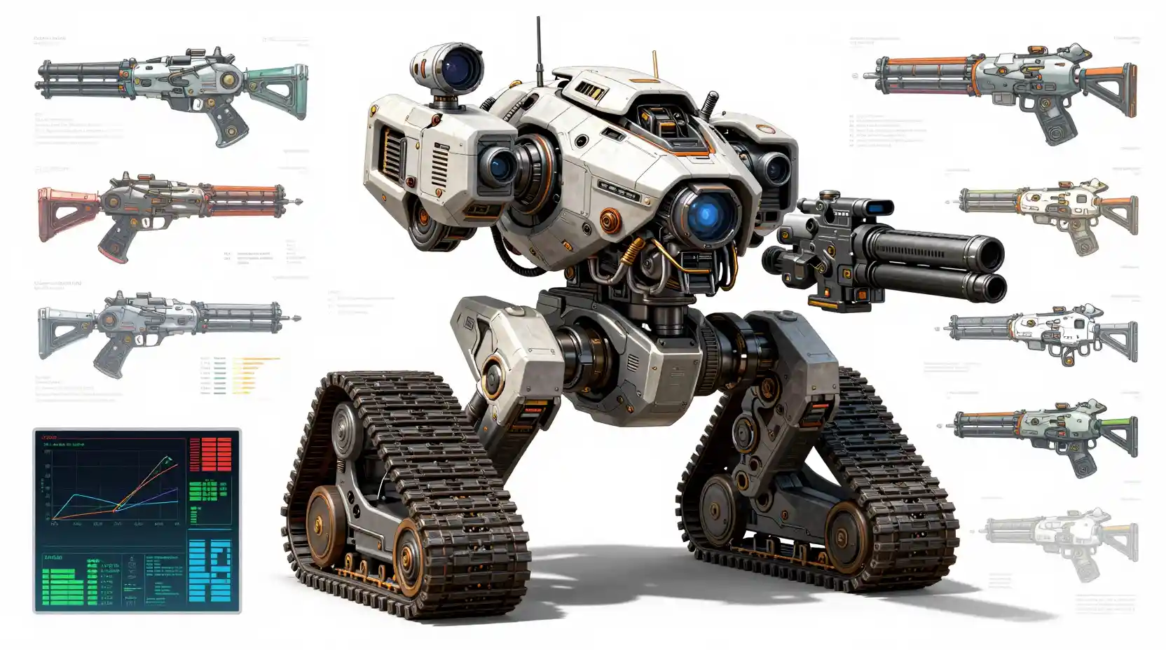 Futuristic urban combat mech on treads with data diagrams