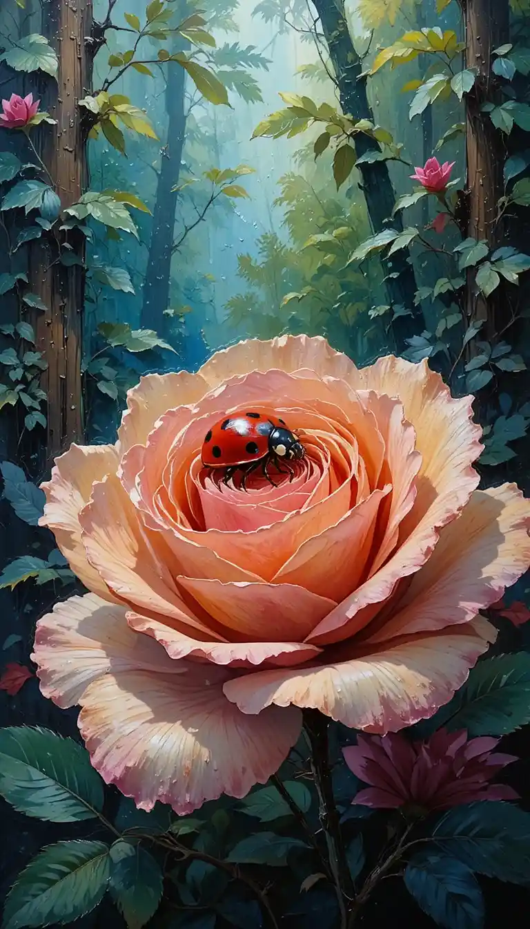 Peinture impasto colorée d’une coccinelle reposant sur une rose