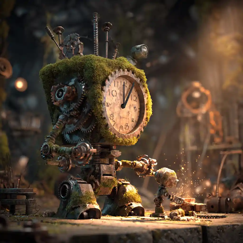 Small moss covered robot repairing gears in giant clock