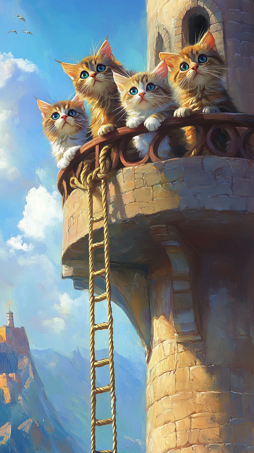Curious cats leaning over a high balcony railing