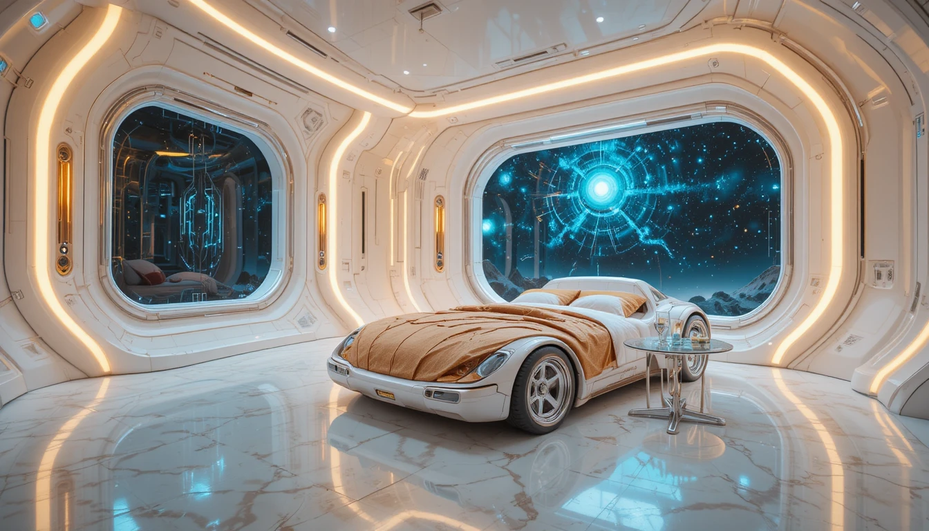 Futuristic bedroom with car shaped bed and cosmic window