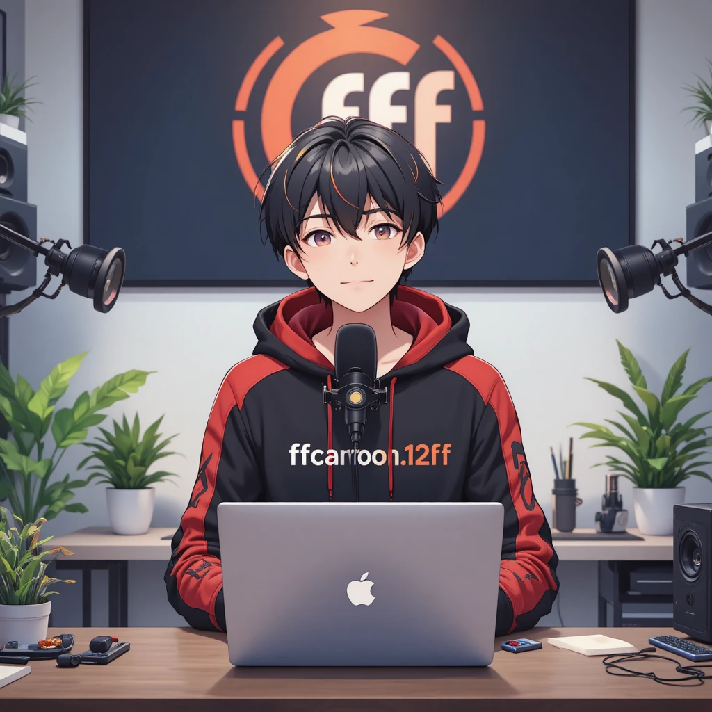 ノートパソコンとマイクのある録音デスクで配信するアニメ少年
