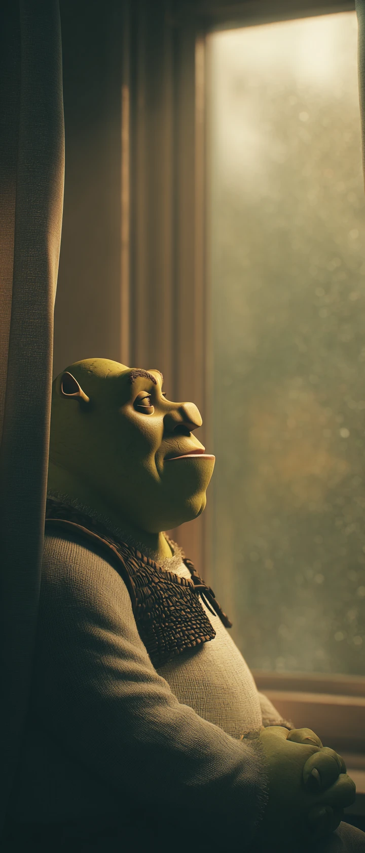 Ogro contemplativo en suave luz matinal cinematográfica de ventana