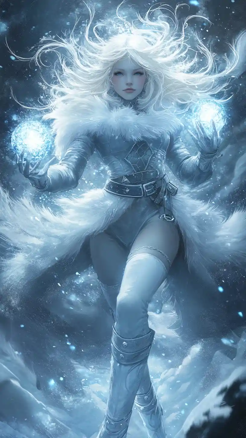Snow maiden casting glowing magic in a fairy tale world