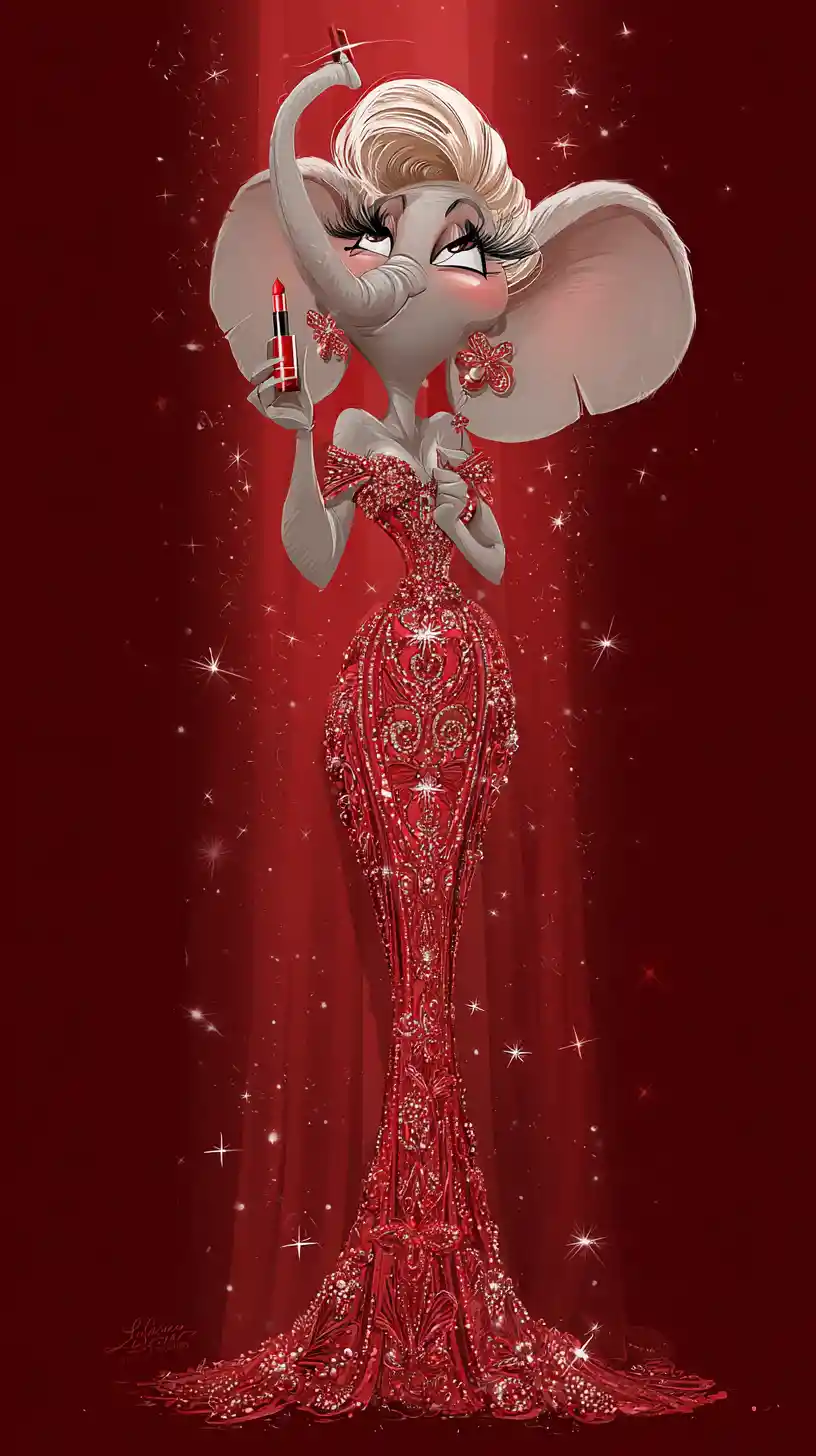 Elegant elephant in red gown applying lipstick