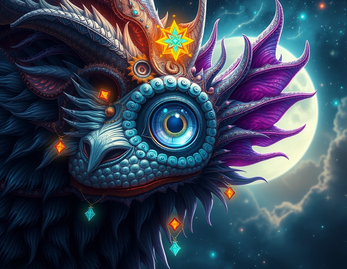 Mythical chakra creature with a surreal night eye gaze