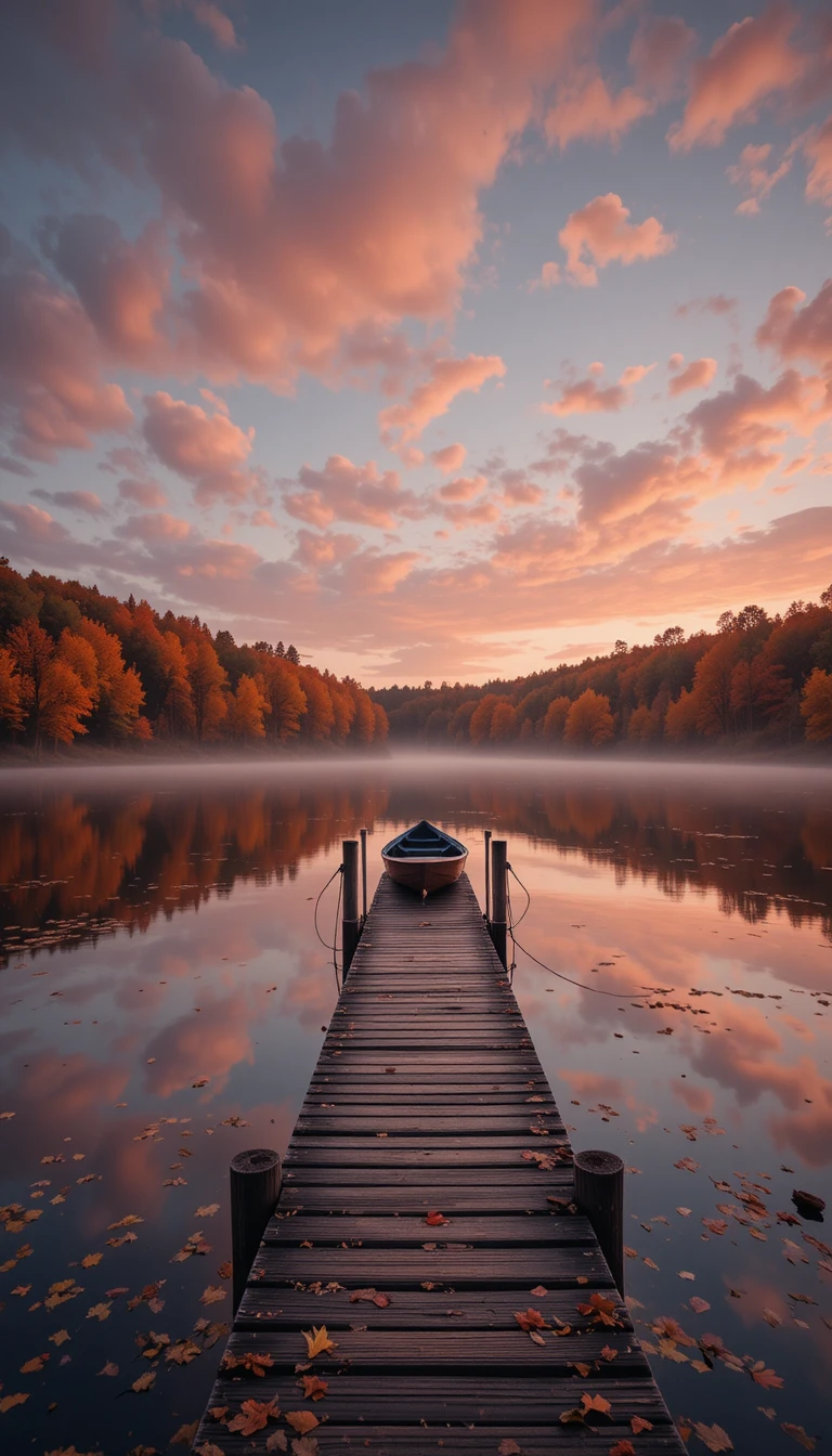 Herbstlicher Waldsee mit Holzsteg und kleinem Ruderboot