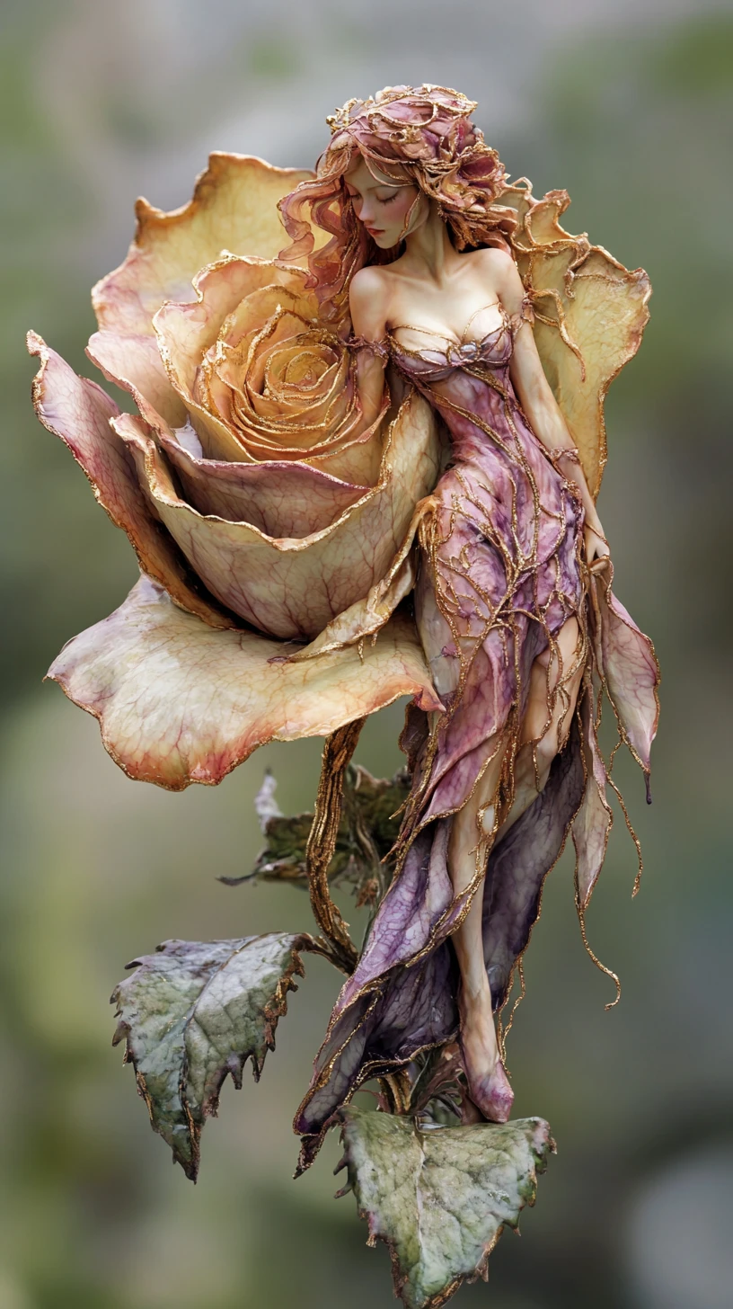 Rosa gigante com donzela élfica etérea pintada em suas pétalas