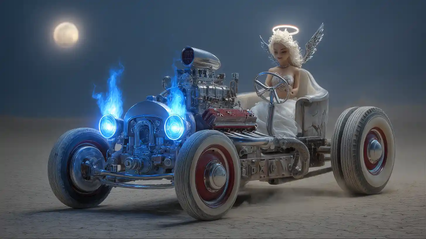 Angelic V8 engine car racing along moonlit desert highway