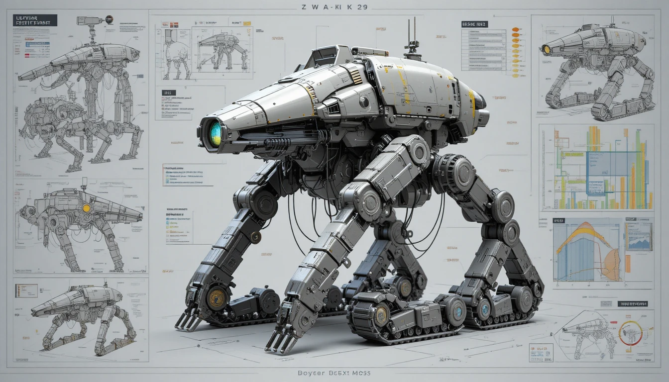 Futuristic urban warfare mech in technical 3D blueprint