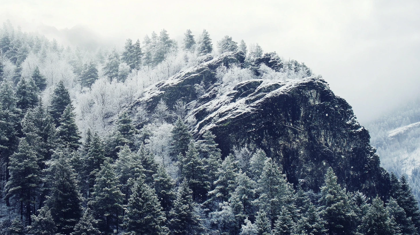 Snowy mountain landscape under a pale winter sky