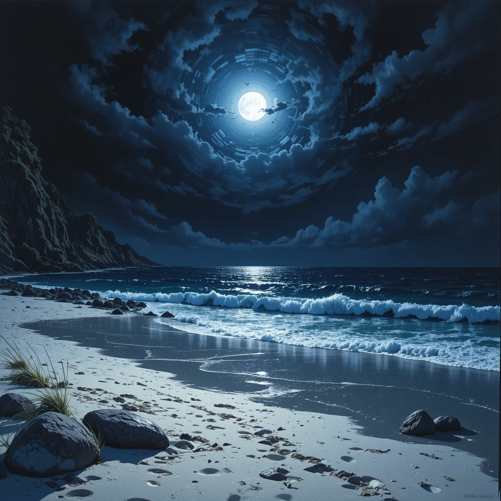 Spiaggia al chiaro di luna in drammatico chiaroscuro con profondi toni di blu