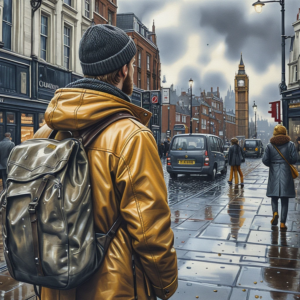 Young man walking down a rainy London city street