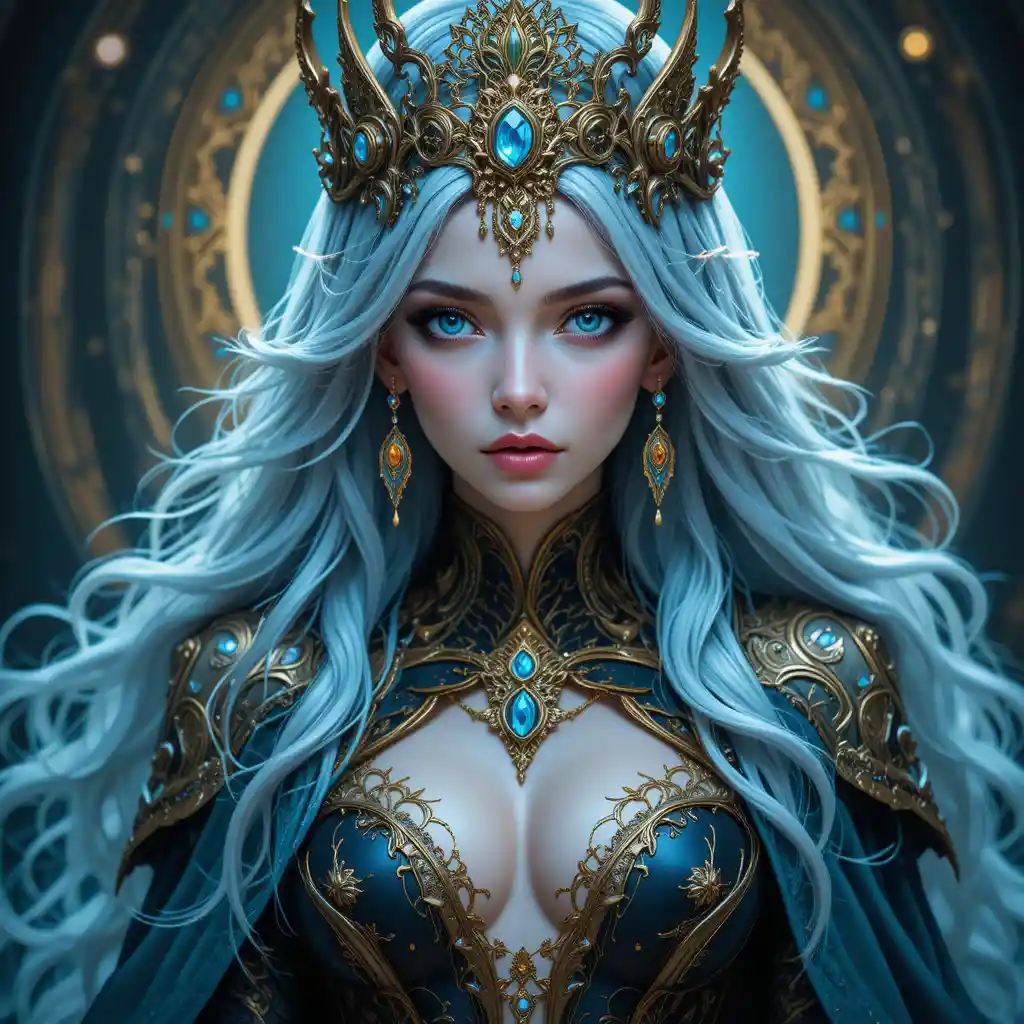 Mystical silver haired sorceress in jeweled crown portrait