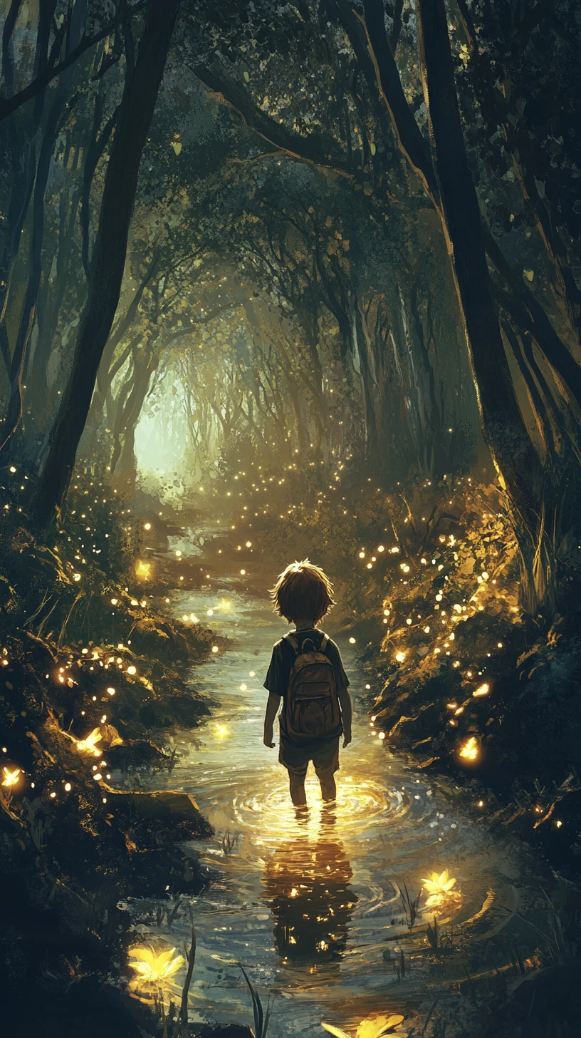 Child walking through glowing flowers in dark forest stream