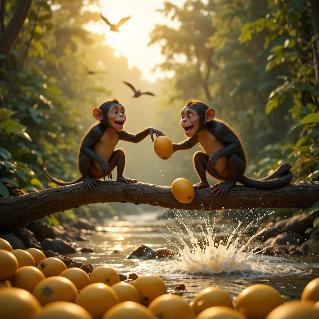 Deux singes sur une branche de la jungle au lever du soleil