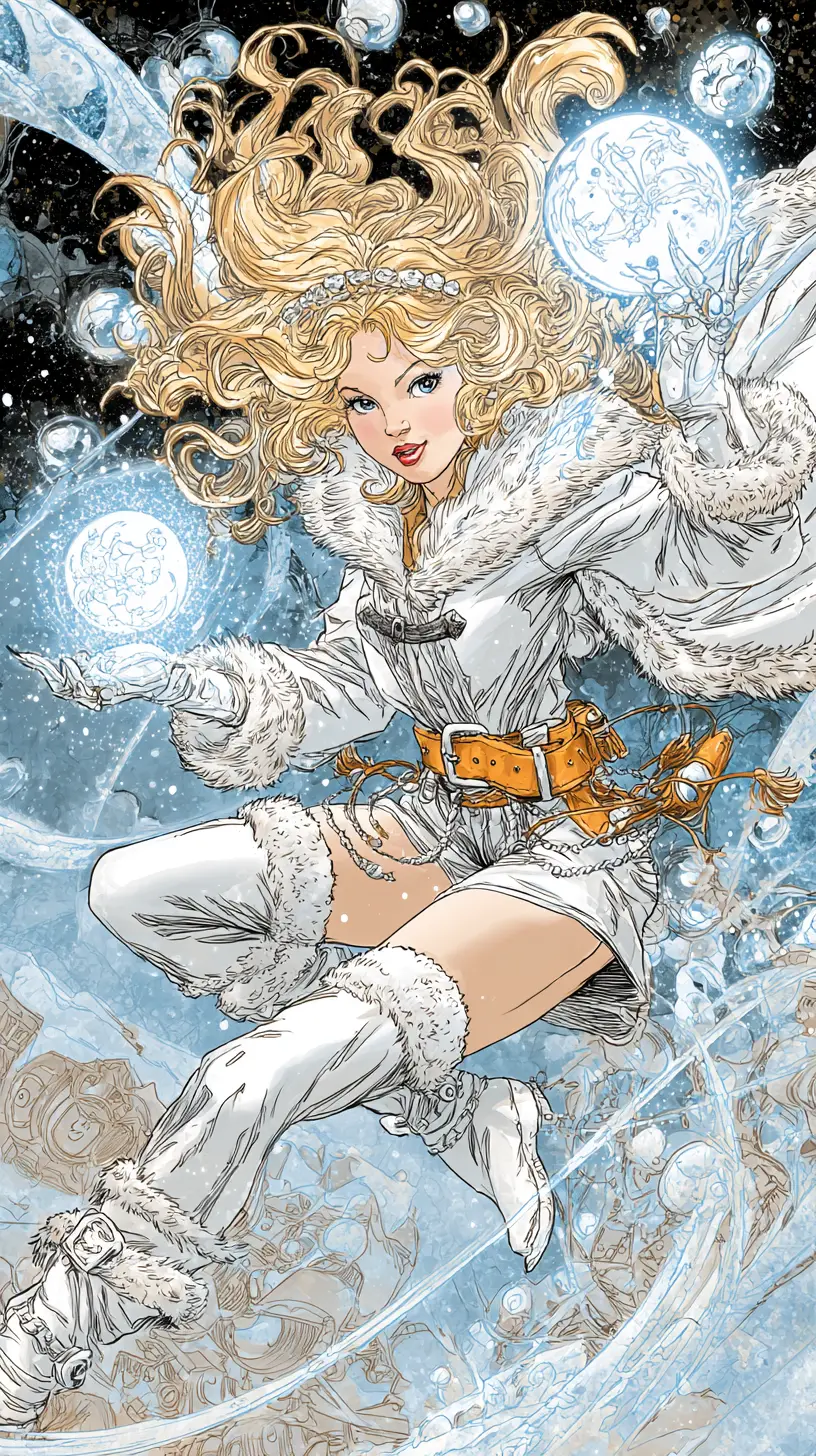 Snow maiden casting glowing magic in a fantasy scene