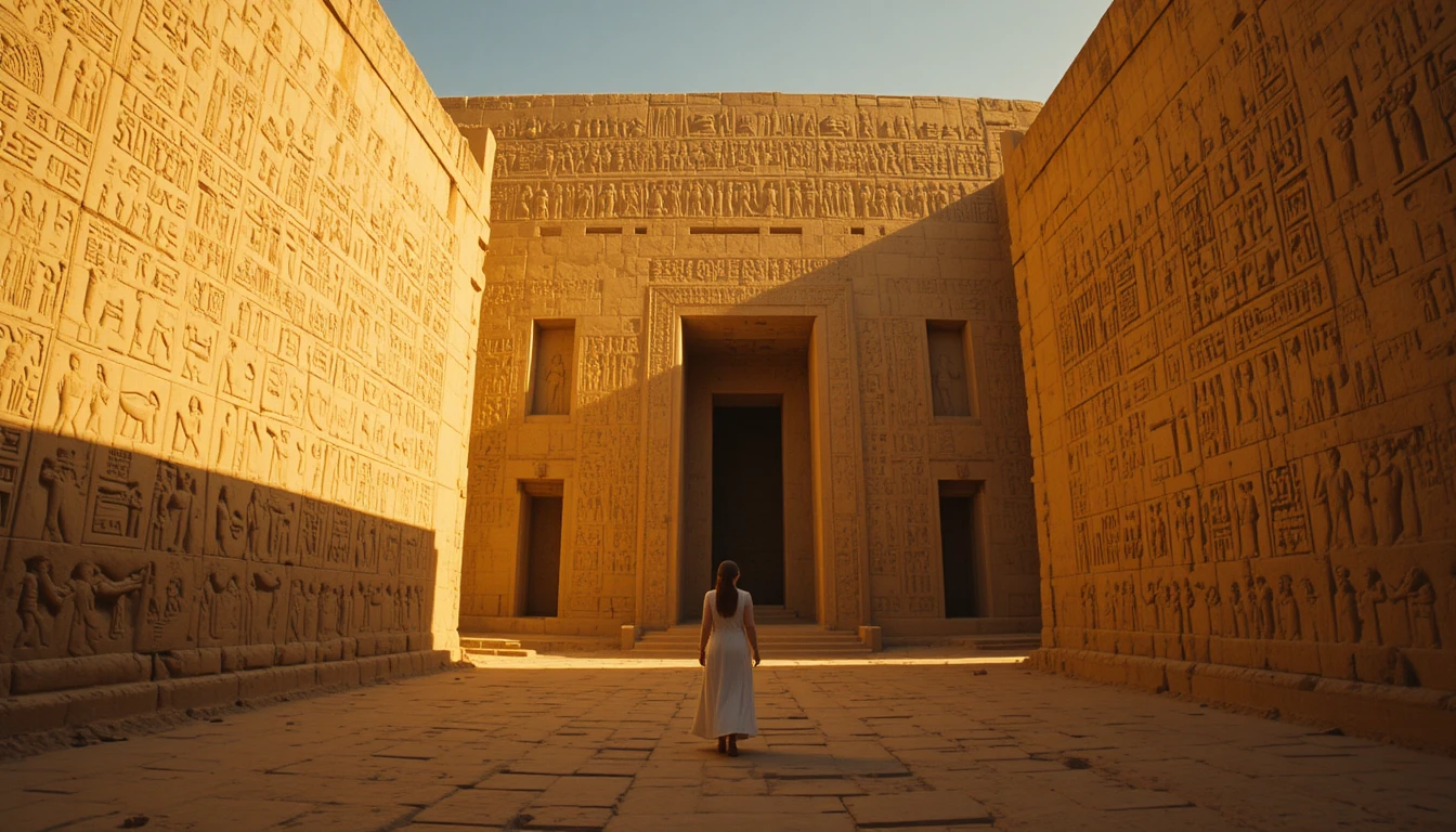Sunlit hieroglyphic tomb walls in a desert passage