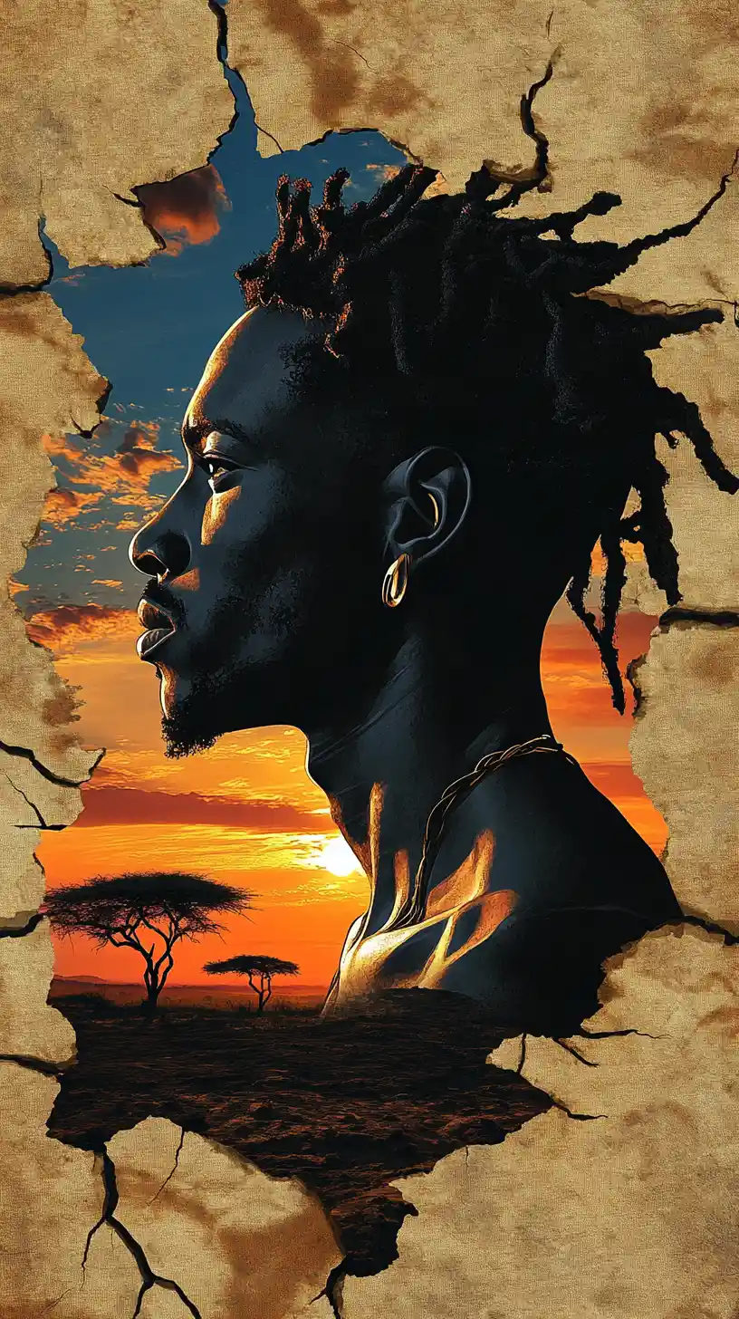 African man silhouette gazing at a glowing savanna sunset