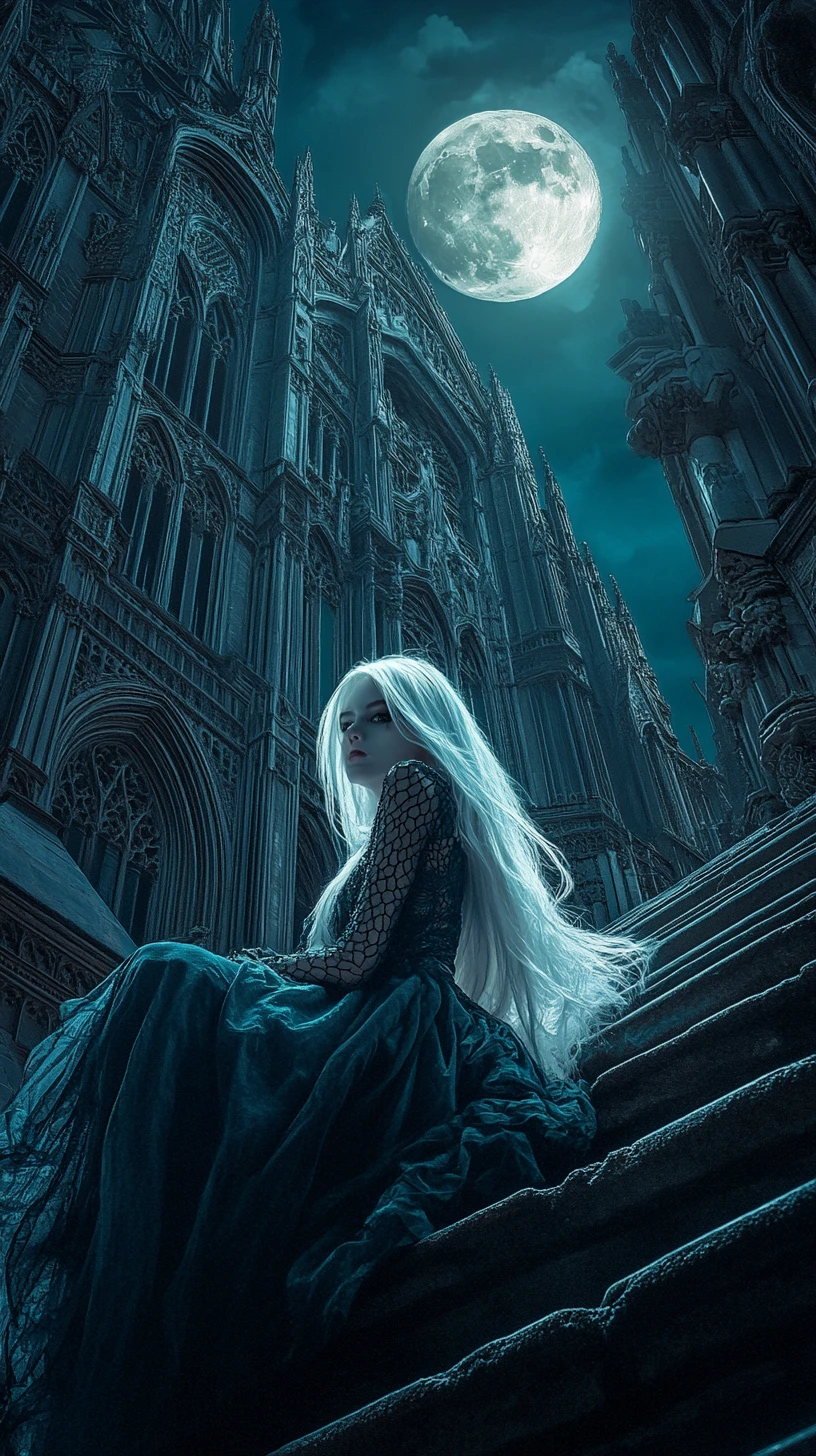 Moonlit girl on steps of towering gothic cathedral