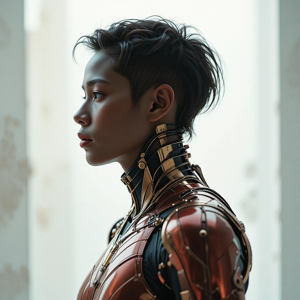 Futuristic profile portrait in metallic segmented suit