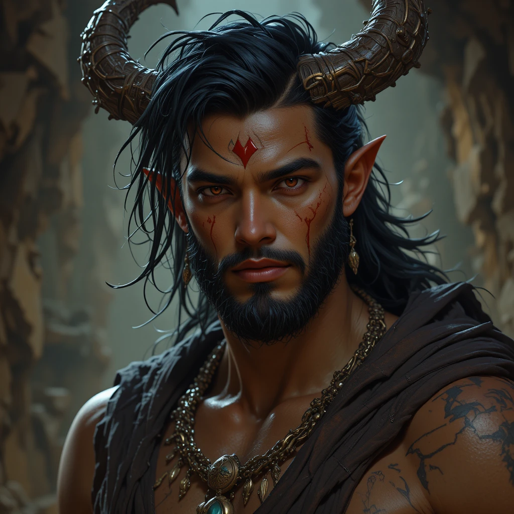 Dark fantasy portrait of a middle aged god of shadows