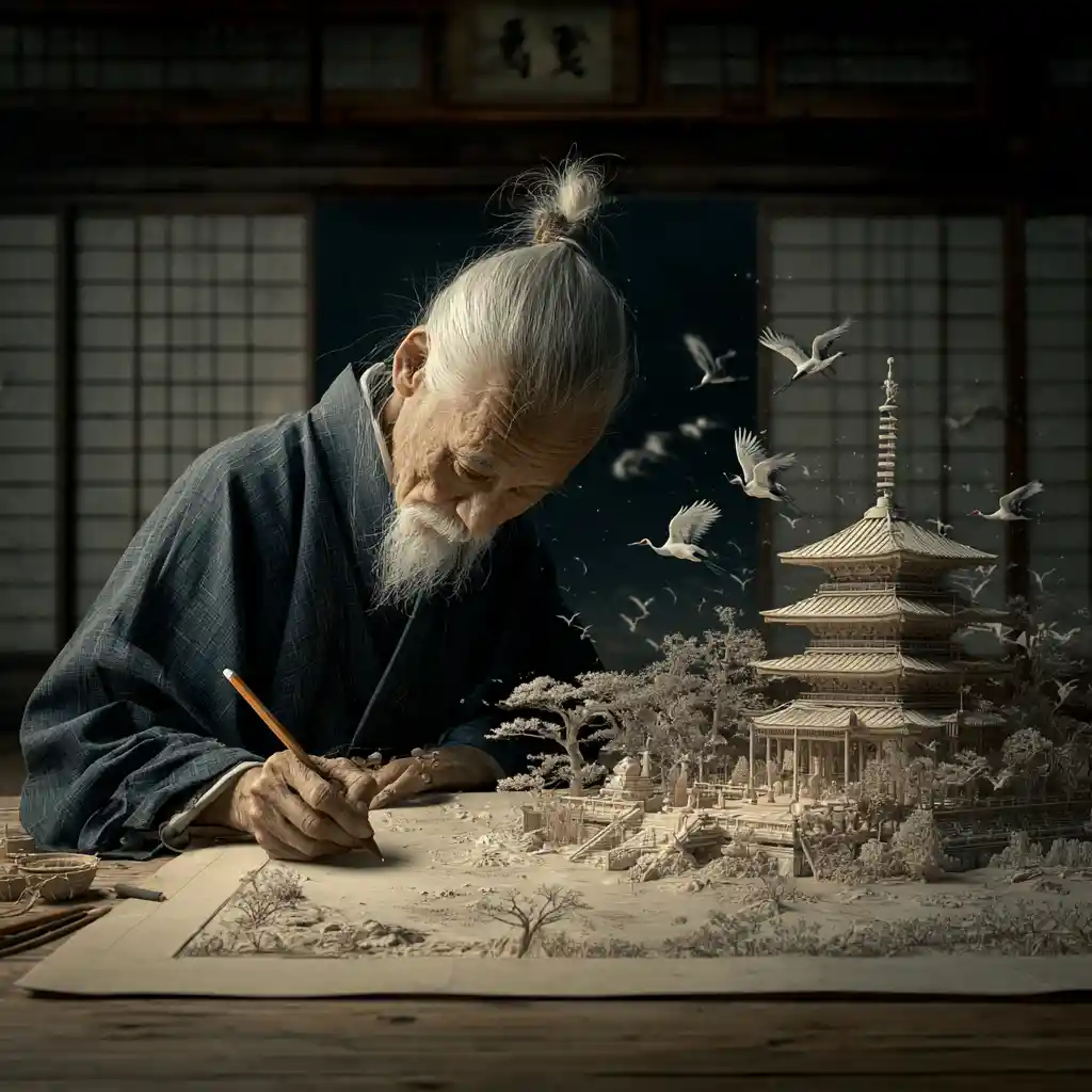 Anziano artista giapponese che disegna in un tranquillo dōjō di legno