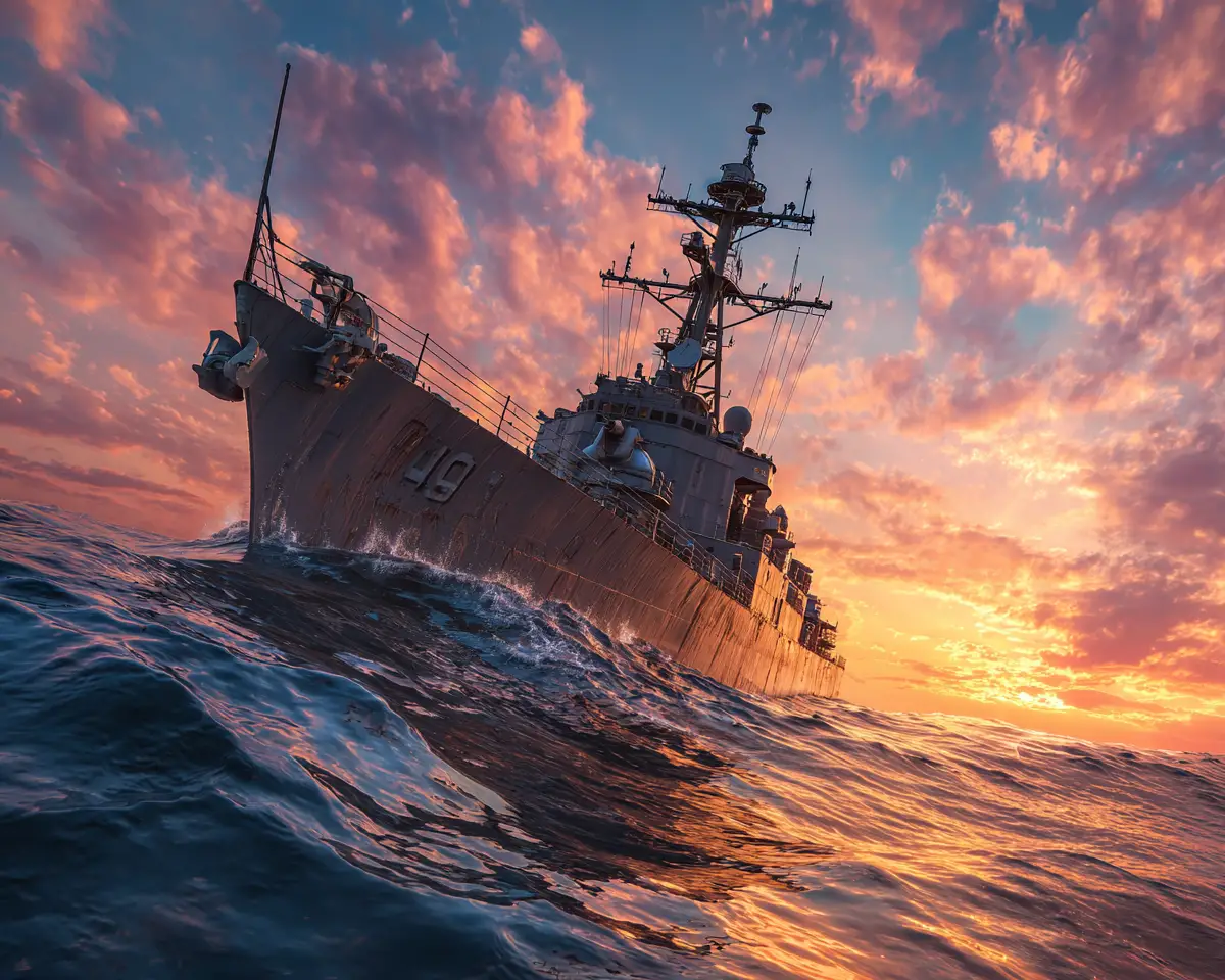 American destroyer cruising through the ocean at sunrise