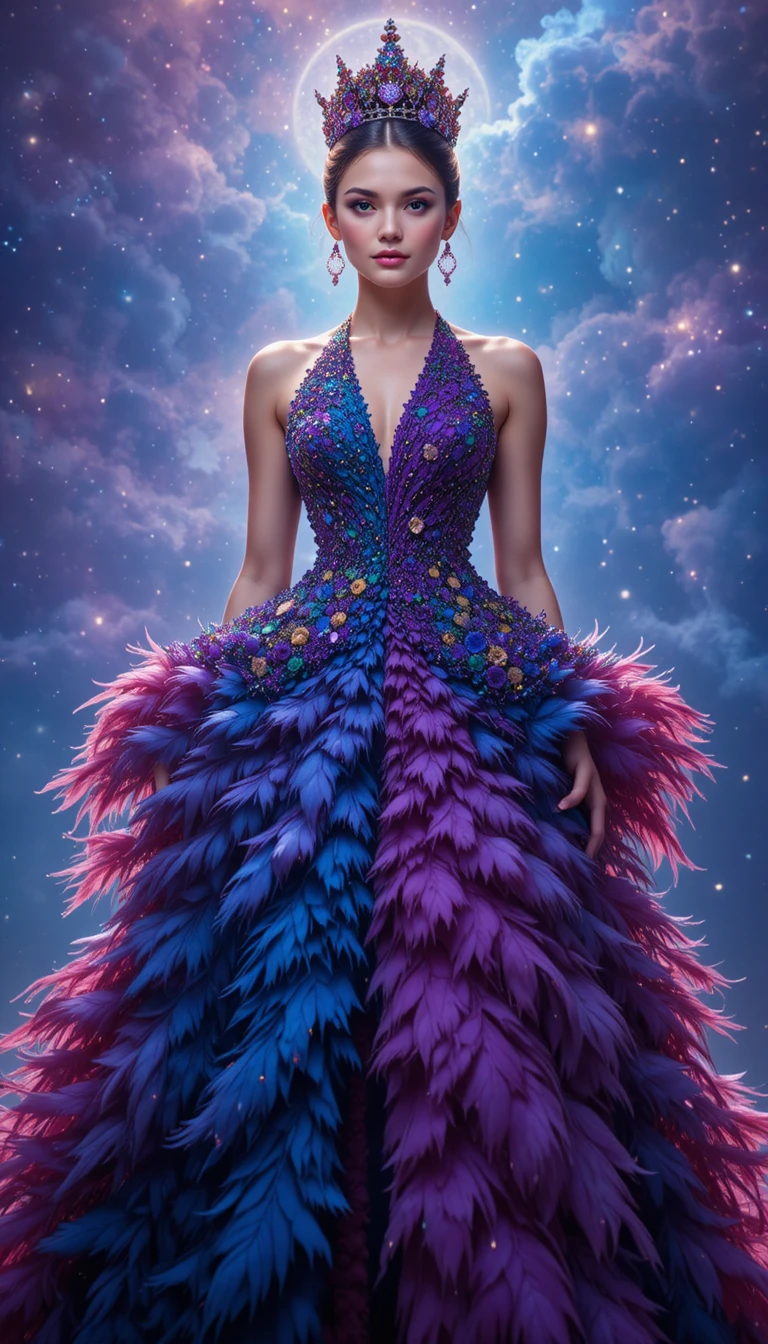 Regina della moda in couture di piume sotto il cielo stellato