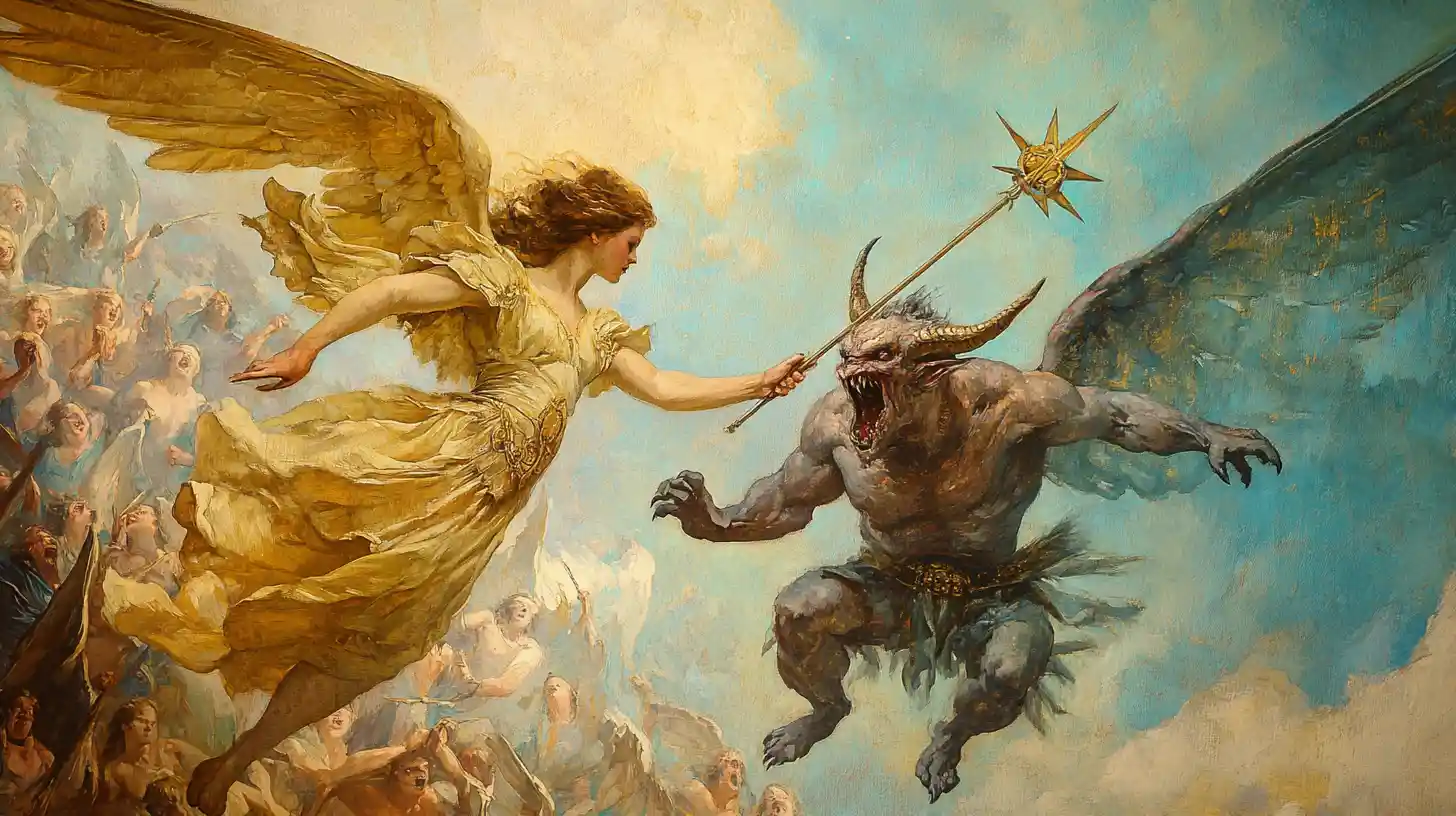 Avenging angel with holy spear battling a cowering demon