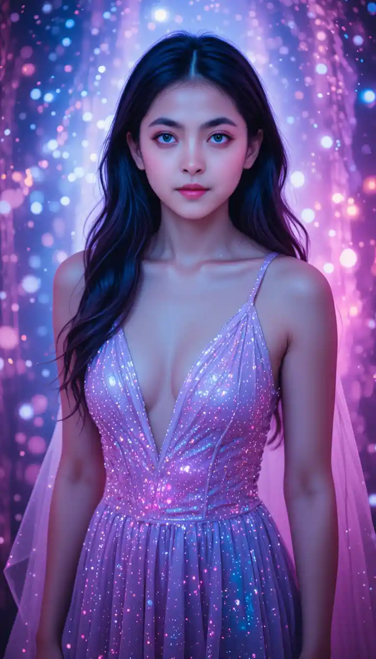 Bella de ojos azules en retrato con aura mágica brillante