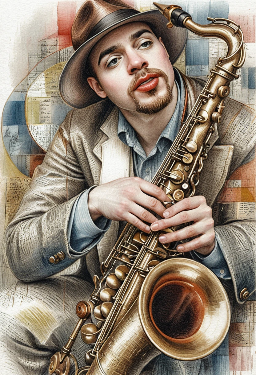 Cubist portrait of a jazz saxophonist in soft blue tones