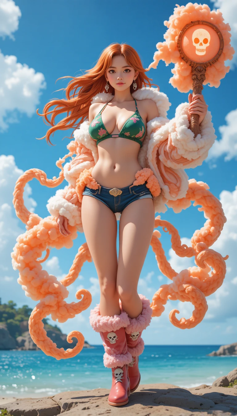 Femme anime en tenue de nuages posant sur une île ensoleillée