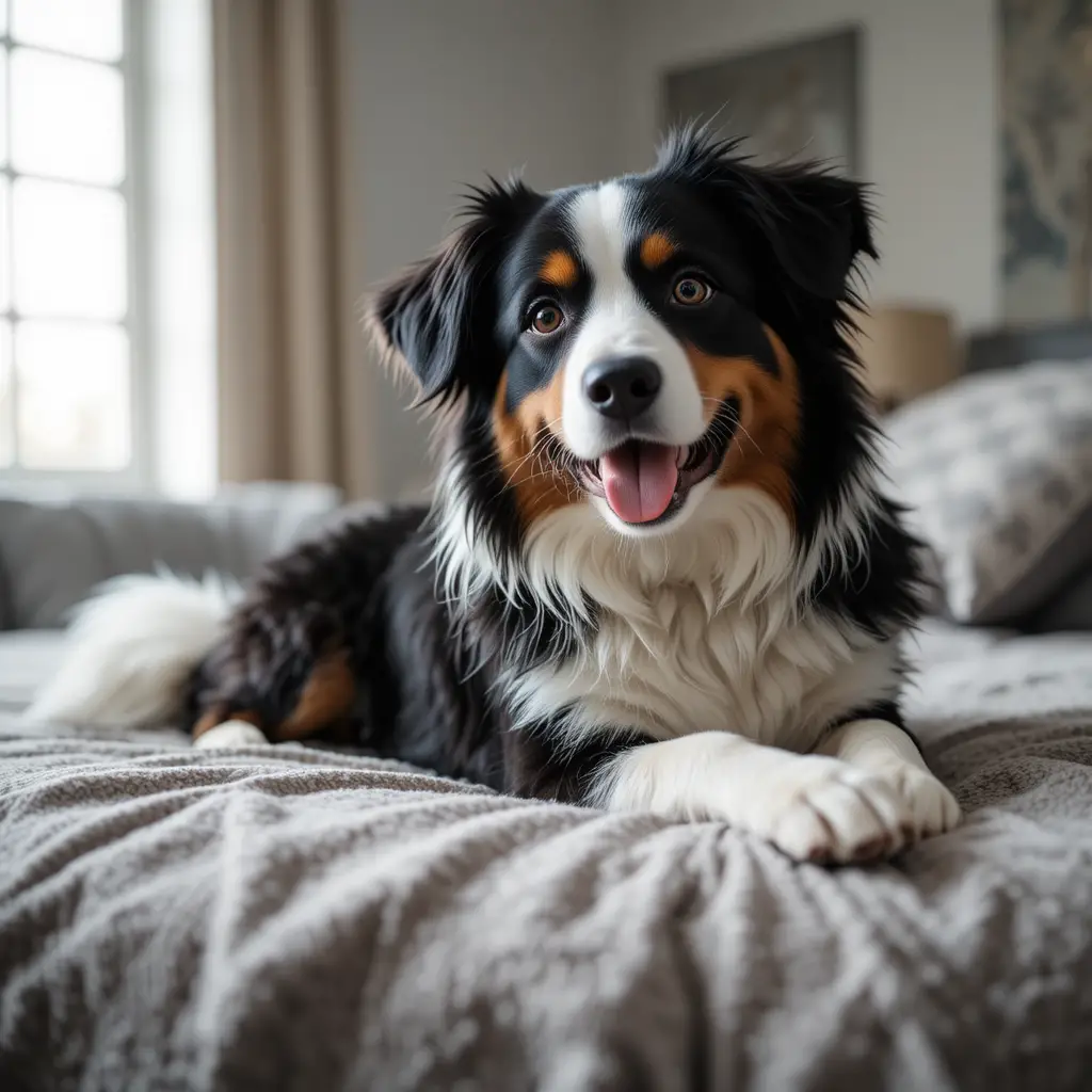 Black and white australian shepherd lying on a cozy bed