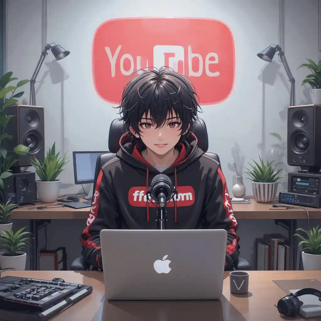 Ragazzo anime in streaming a una scrivania con computer e microfono
