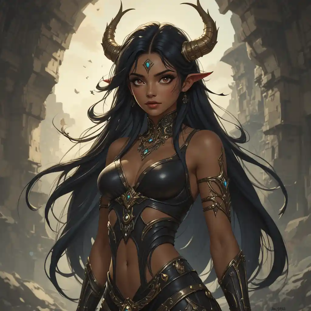 Dark eyed goddess of discord in a mystical fantasy realm