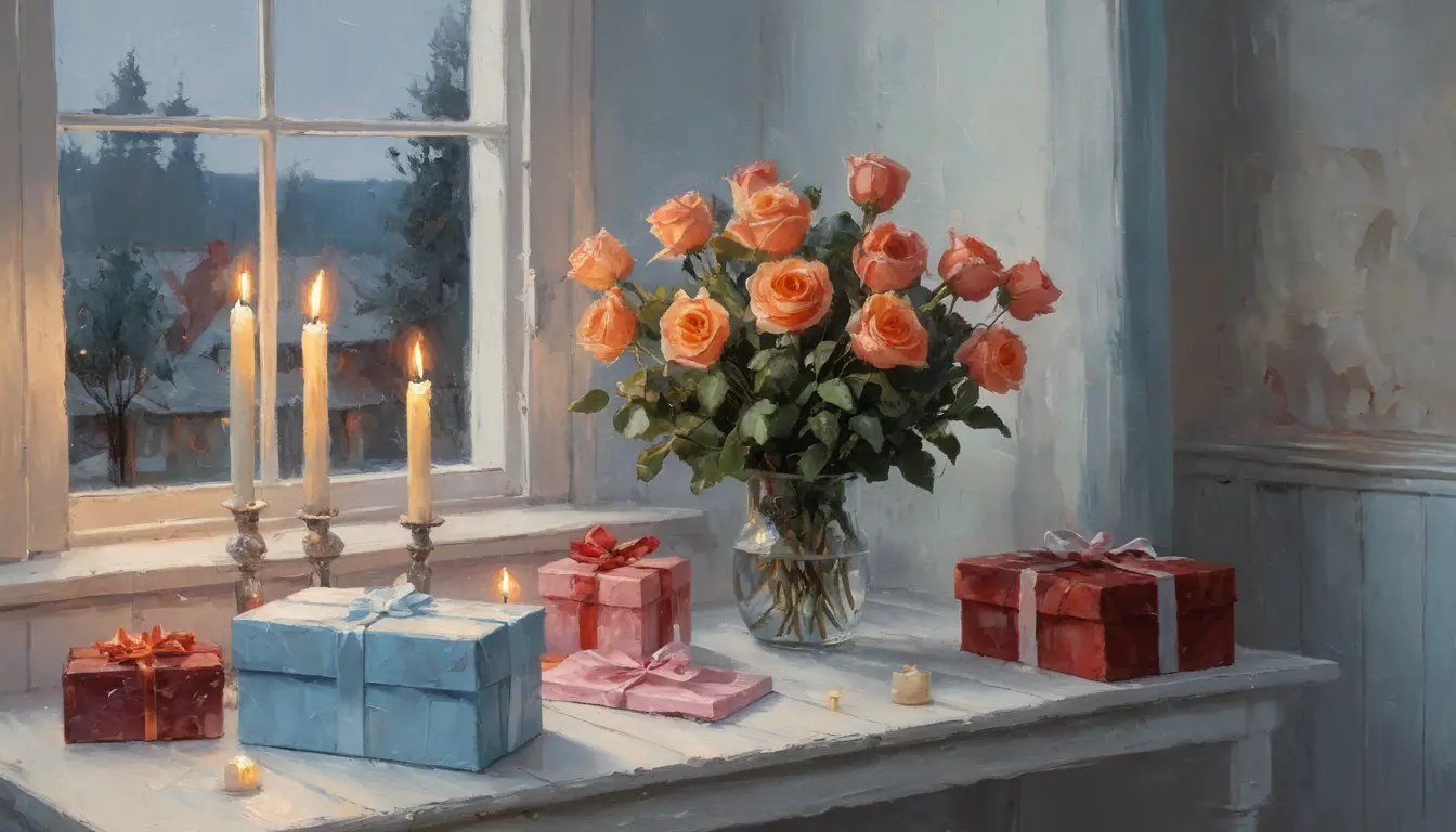 Buquê de rosas e presentes brilhando à luz morna das velas