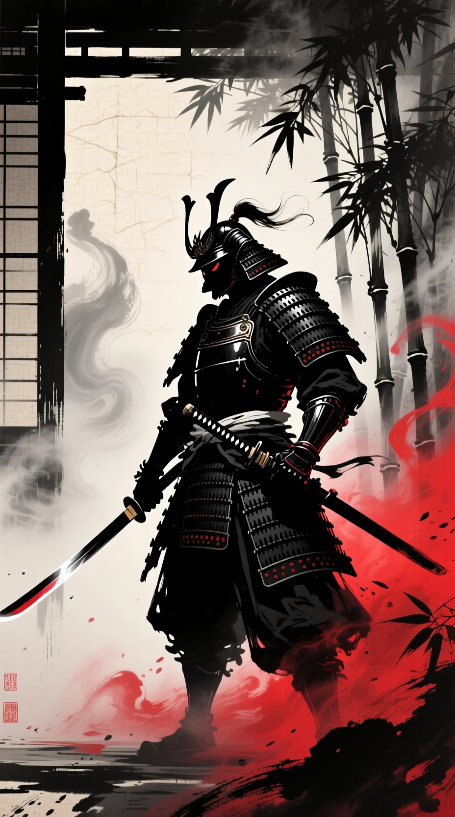 Schattenhafter Shogun-Krieger in Tinte im nebligen Bambushain