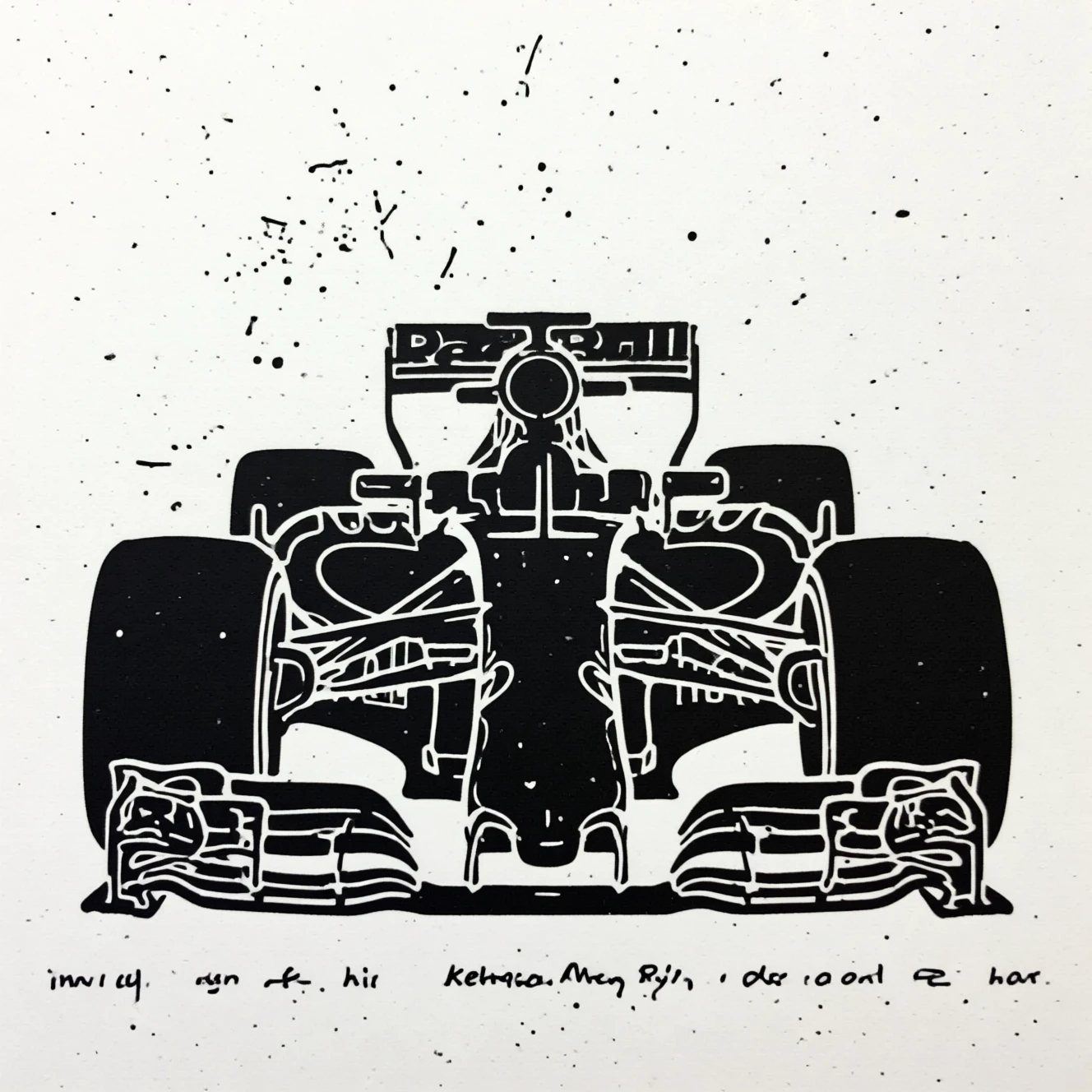 Linogravure minimaliste d’une élégante voiture de course de Formule 1 noire