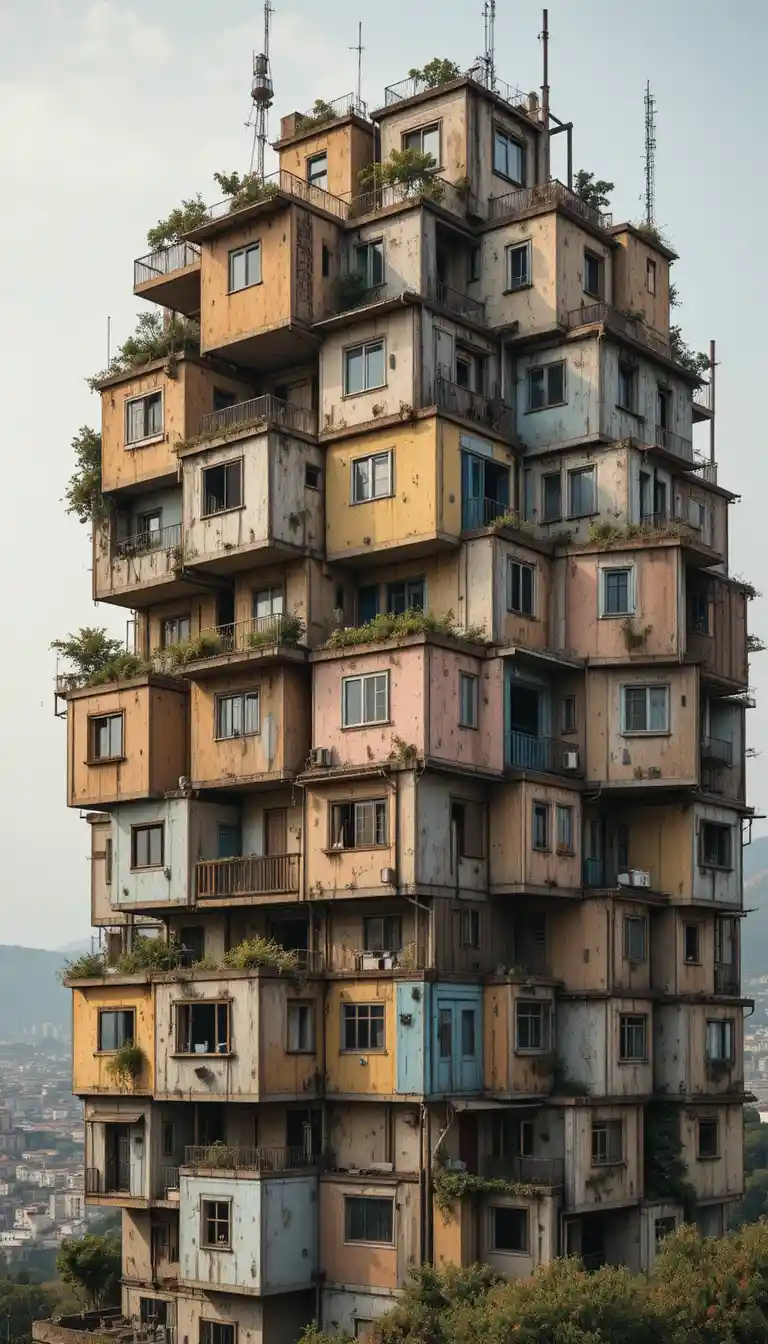 老朽化したファサードが継ぎ接ぎのように連なる積層都市住宅