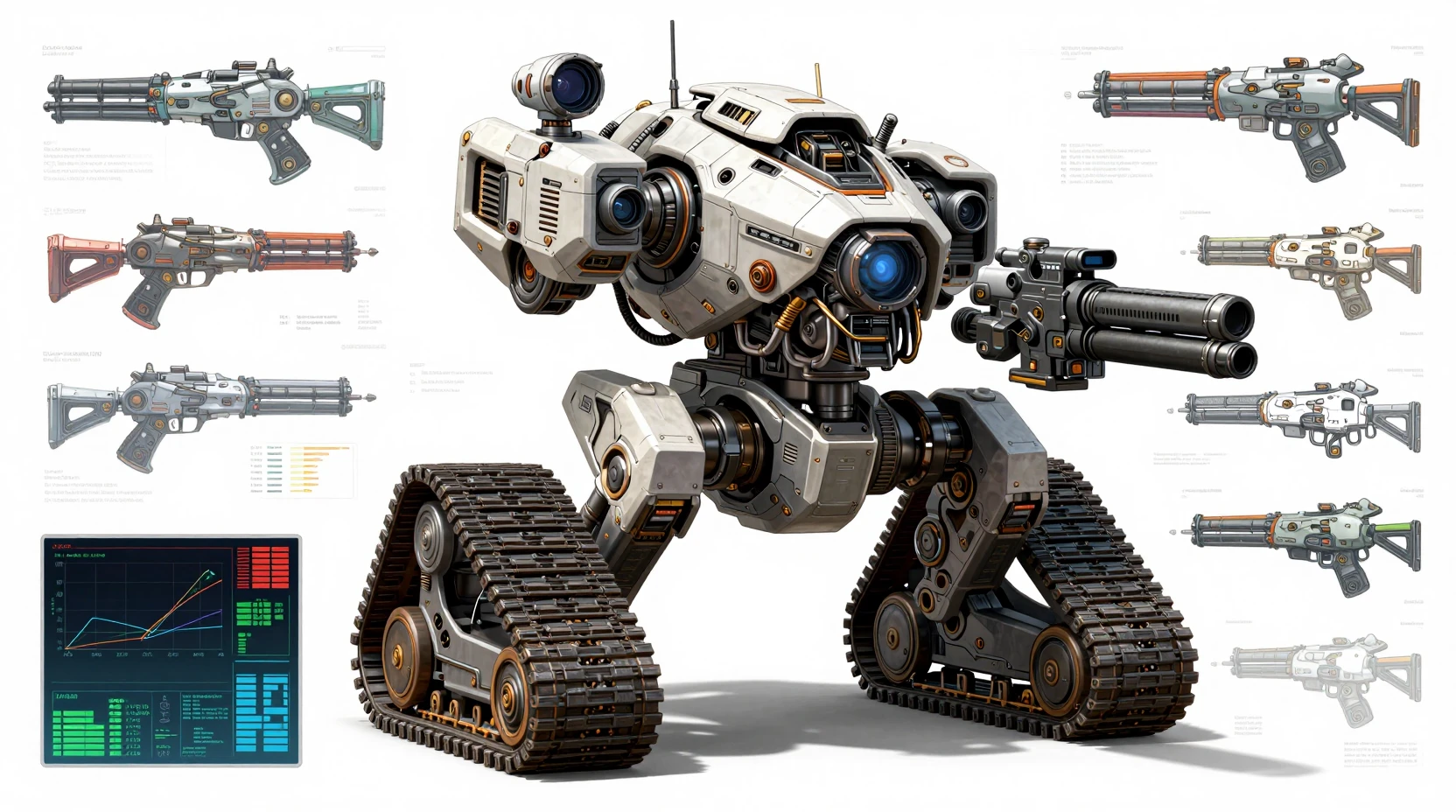 Futuristic urban combat mech on treads with data diagrams