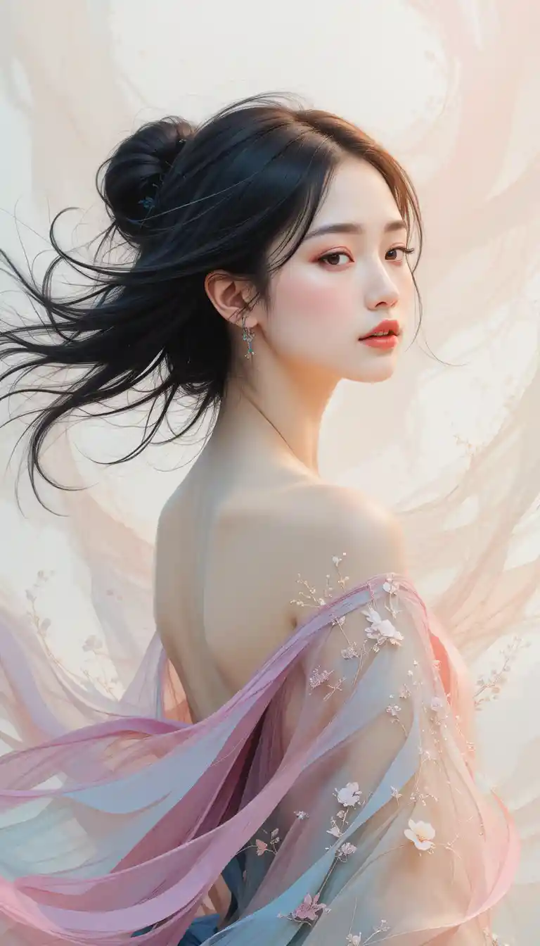 Minimalist portrait of a serene woman in soft pastel colors