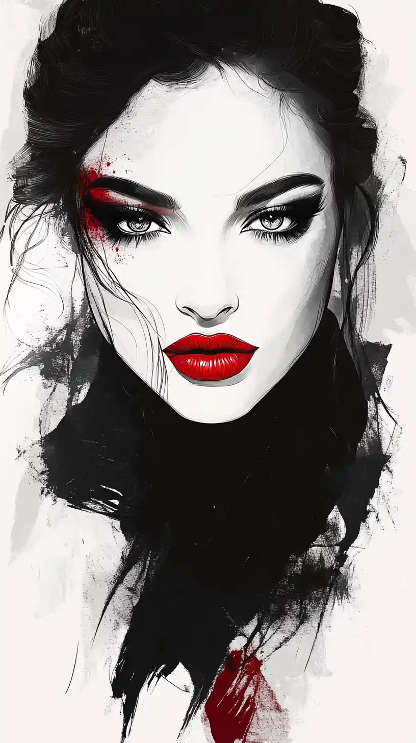 Glamorous fashion ink portrait with selective red accents