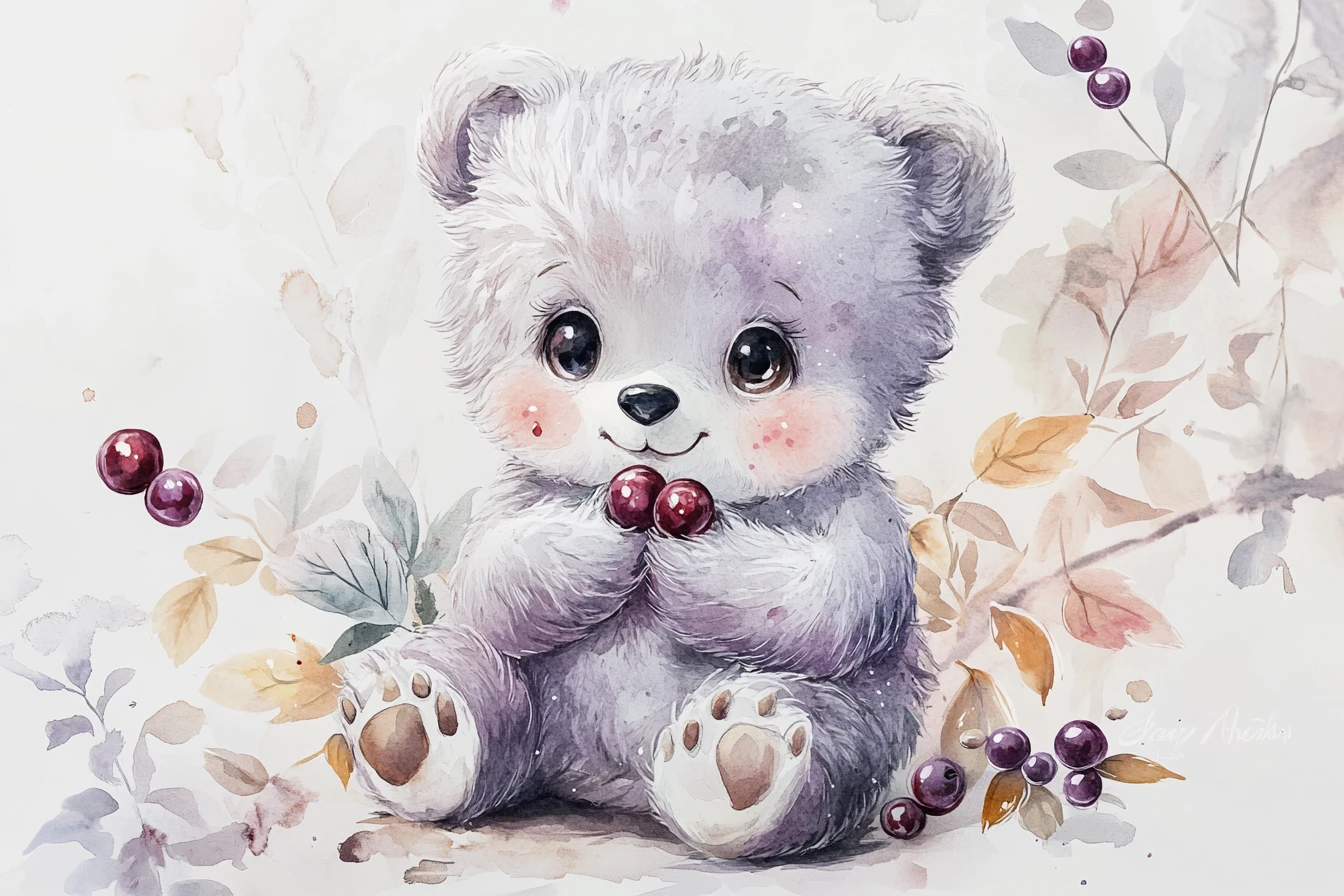 Cute watercolor bear cub with berries in soft nature scene