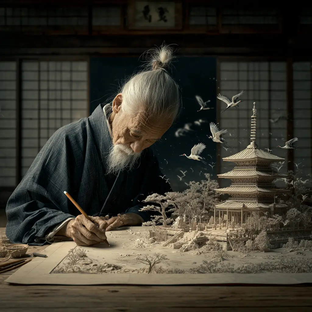 Elderly japanese artist sketching in a tranquil wooden dojo