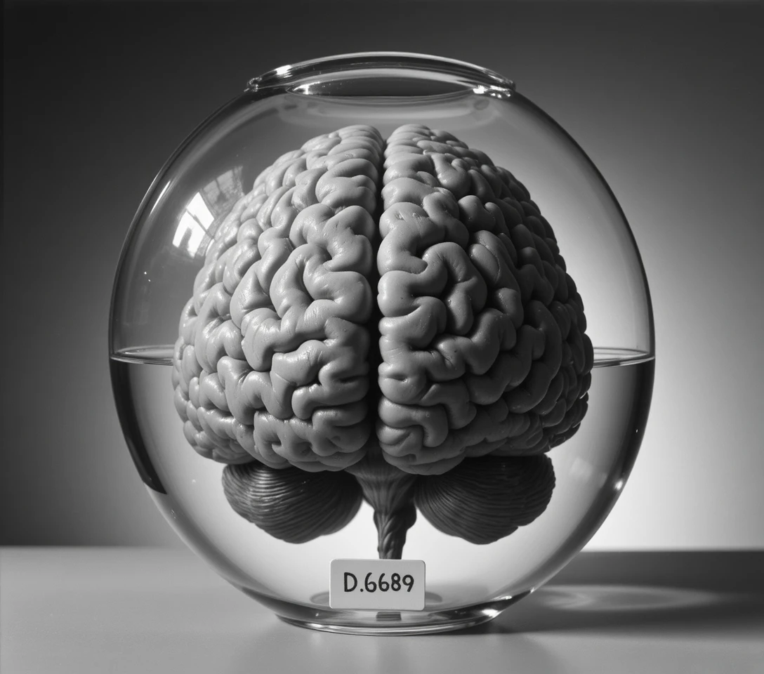 Cerveau humain dans un bocal en verre avec éclairage clinique monochrome