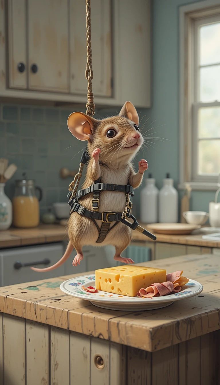 Winzige Maus klettert eine Küchenarbeitsplatte für Käse hoch