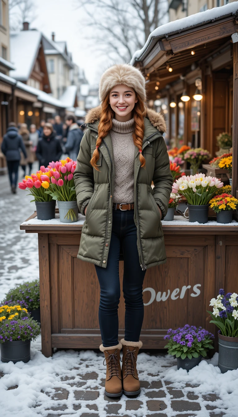 Cheerful flower seller in winter market street scene