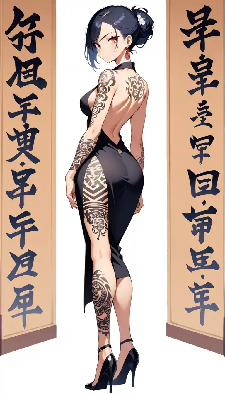 Tattooed woman standing in heels facing the camera
